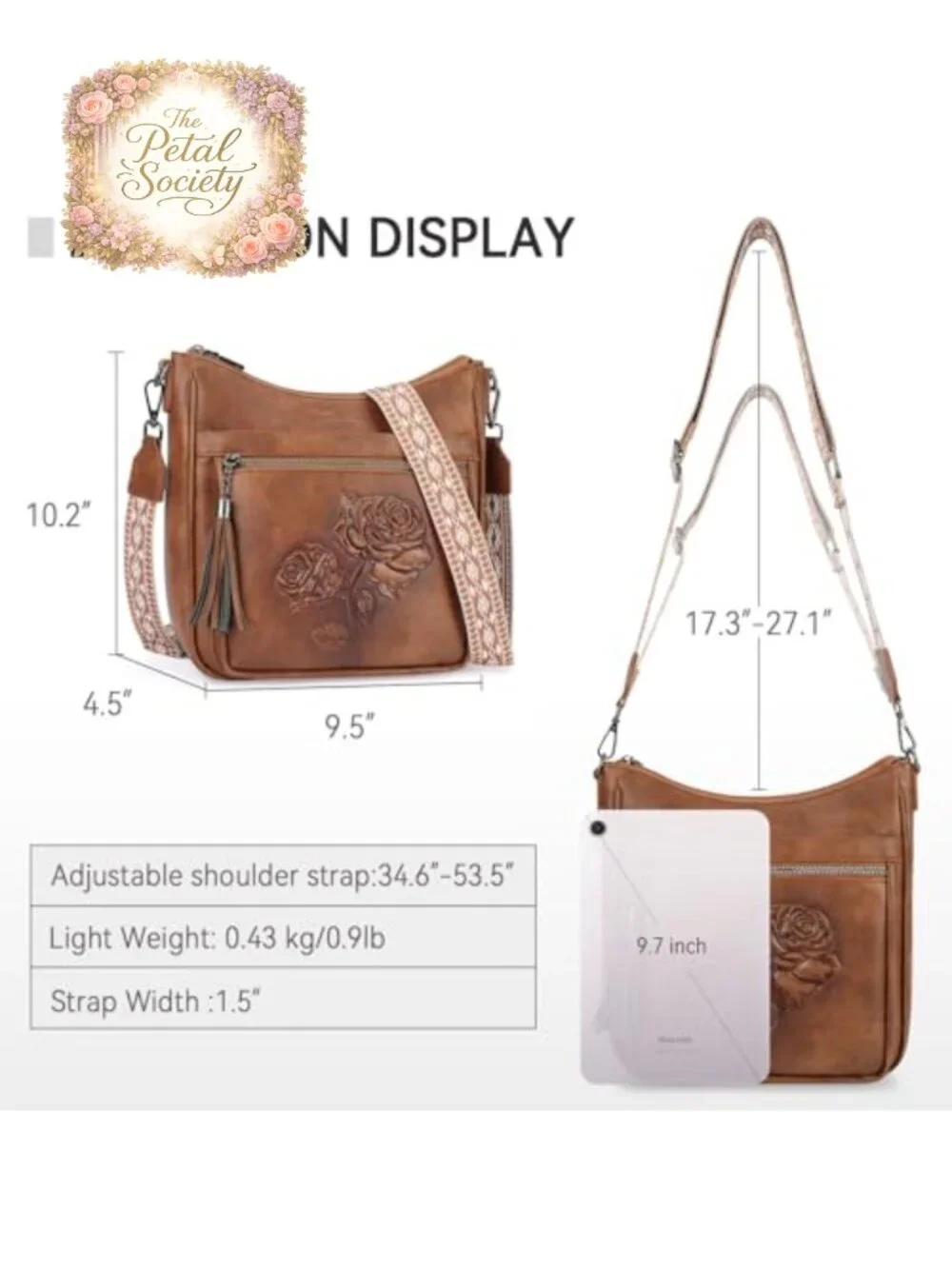 Vegan Leather Hobo Crossbody Bag Embossed Floral Shoulder Purse